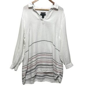 Tahari Womens Top 2X White Linen Striped Tunic Boho Coastal Beachy Lagenlook